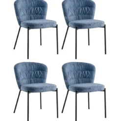 Set 4 Sedie Imbottite in Tessuto Teddy Azzurro Polvere con Gambe Nere