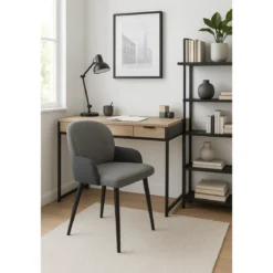 Set 2 Sedie Imbottite Tessuto Grigio e Antracite Gambe Metallo Nero