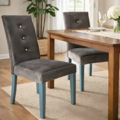 Set 2 Sedie Imbottite Velluto Grigio 3 Bottoni da Interno 47x46x101 cm