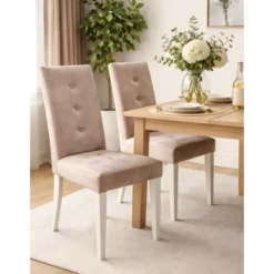 Set 2 Sedie Imbottite Velluto Tortora 3 Bottoni da Interno 47x46x101 cm