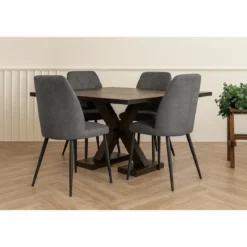 Set 4 Sedie in Tessuto Grigio Eleganti da Pranzo Imbottite Gambe Nere