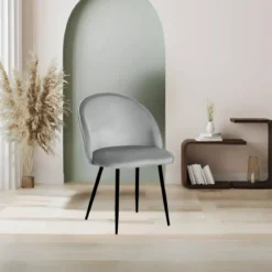Set 4 Sedie in Velluto Grigio 47x57x78 cm Gambe in Metallo Nero