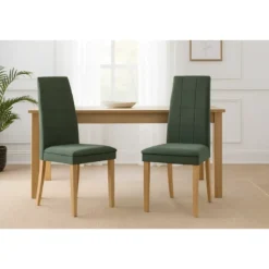 Set 2 Sedie Seduta in Tessuto Verde Gambe Legno Rovere 46x47x100,5 cm