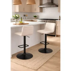 Set 2 Sgabelli Bar Regolabili Metallo Nero Tessuto Beige Poggiapiedi