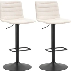 Set 2 Sgabelli Bar Regolabili Metallo Nero Tessuto Beige Poggiapiedi