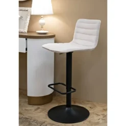 Set 2 Sgabelli Bar Regolabili Metallo Nero Tessuto Beige Poggiapiedi