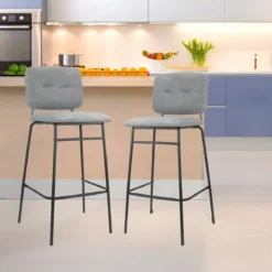 Set 2 Sgabelli con Schienale Velluto Grigio Sedie da Bar Gambe Metallo