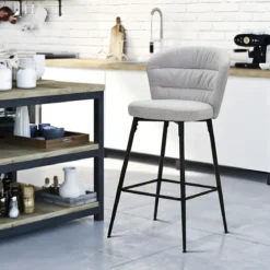 Set 2 Sgabelli da Bar Imbottiti Tessuto Grigio Struttura Metallo Nero