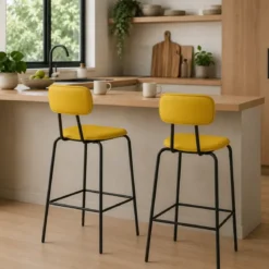 Set 2 Sgabelli da Bar per Cucina Penisola Ecopelle Giallo Effetto Cuoio