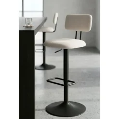 Set 2 Sgabelli da Bar Regolabili Metallo Nero Tessuto Imbottito Beige