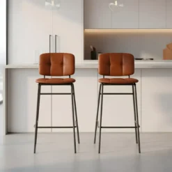 Set 2 Sgabelli da Cucina con Schienale Ecopelle Mattone Gambe Metallo