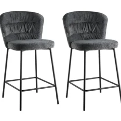Set 2 Sgabelli da Interno Imbottiti in Tessuto Teddy Grigio Gambe Nere