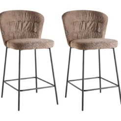 Set 2 Sgabelli da Interno Imbottiti in Tessuto Teddy Tortora Gambe Nere