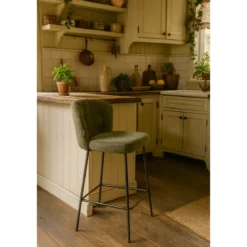 Set 2 Sgabelli da Interno Imbottiti in Tessuto Teddy Verde Gambe Nere