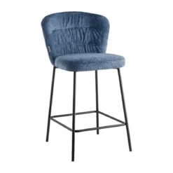 Set 2 Sgabelli Imbottiti in Tessuto Teddy Azzurro Polvere Gambe Nere