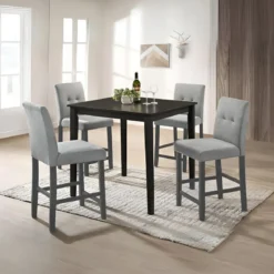 Set 2 Sgabelli in Legno Grigio con Seduta Imbottita in Tessuto Grigio