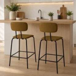 Set 2 Sgabelli per Cucina Penisola in Ecopelle Marrone Effetto Cuoio