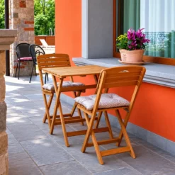 Set Tavolino e 2 Sedie in Legno Tavolo Pieghevole con Cuscini da Esterno
