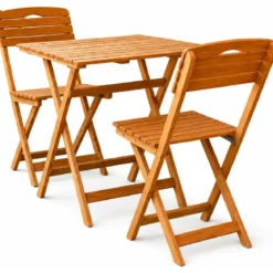Set Tavolino e 2 Sedie in Legno Tavolo Pieghevole con Cuscini da Esterno