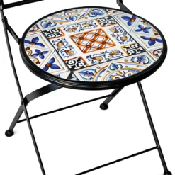 Set Tavolo Ø 60 cm con 2 Sedie Pieghevoli da Giardino Mosaico Blu