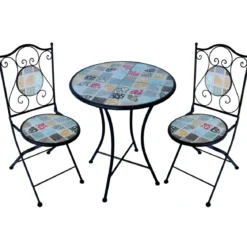 Set Tavolo Ø 60 cm con 2 Sedie Pieghevoli da Giardino Effetto Mosaico