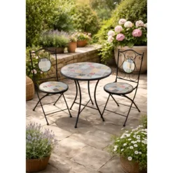 Set Tavolo Ø 60 cm con 2 Sedie Pieghevoli da Giardino Effetto Mosaico
