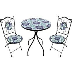 Set Tavolo Ø 60 cm con 2 Sedie Pieghevoli da Giardino Blu Celeste