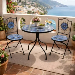 Set Tavolo Ø 60 cm 2 Sedie Pieghevoli Ceramica da Esterno Azzurro Blu
