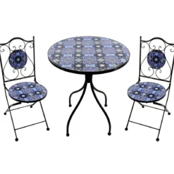 Set Tavolo Ø 60 cm 2 Sedie Pieghevoli Ceramica da Esterno Azzurro Blu