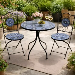 Set Tavolo Ø 60 cm 2 Sedie Pieghevoli Ceramica da Esterno Azzurro Blu