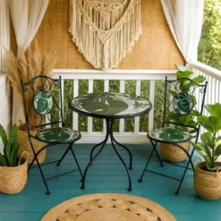Set Tavolo da Giardino Ø 60 cm con 2 Sedie Pieghevoli in Ferro Verde