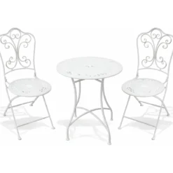 Set Tavolo da Giardino Ø 60 cm con 2 Sedie Pieghevoli Ceramica Bianco