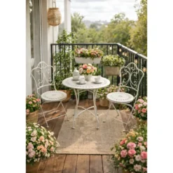 Set Tavolo da Giardino Ø 60 cm con 2 Sedie Pieghevoli Ceramica Bianco
