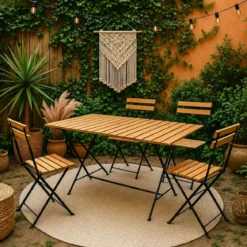 Set Tavolo da Giardino 55x110 cm con 4 Sedie Metallo Nero Legno
