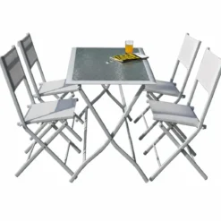 Set Tavolo e 4 Sedie Pieghevoli in Acciaio Arredo Esterno da Giardino Balcone