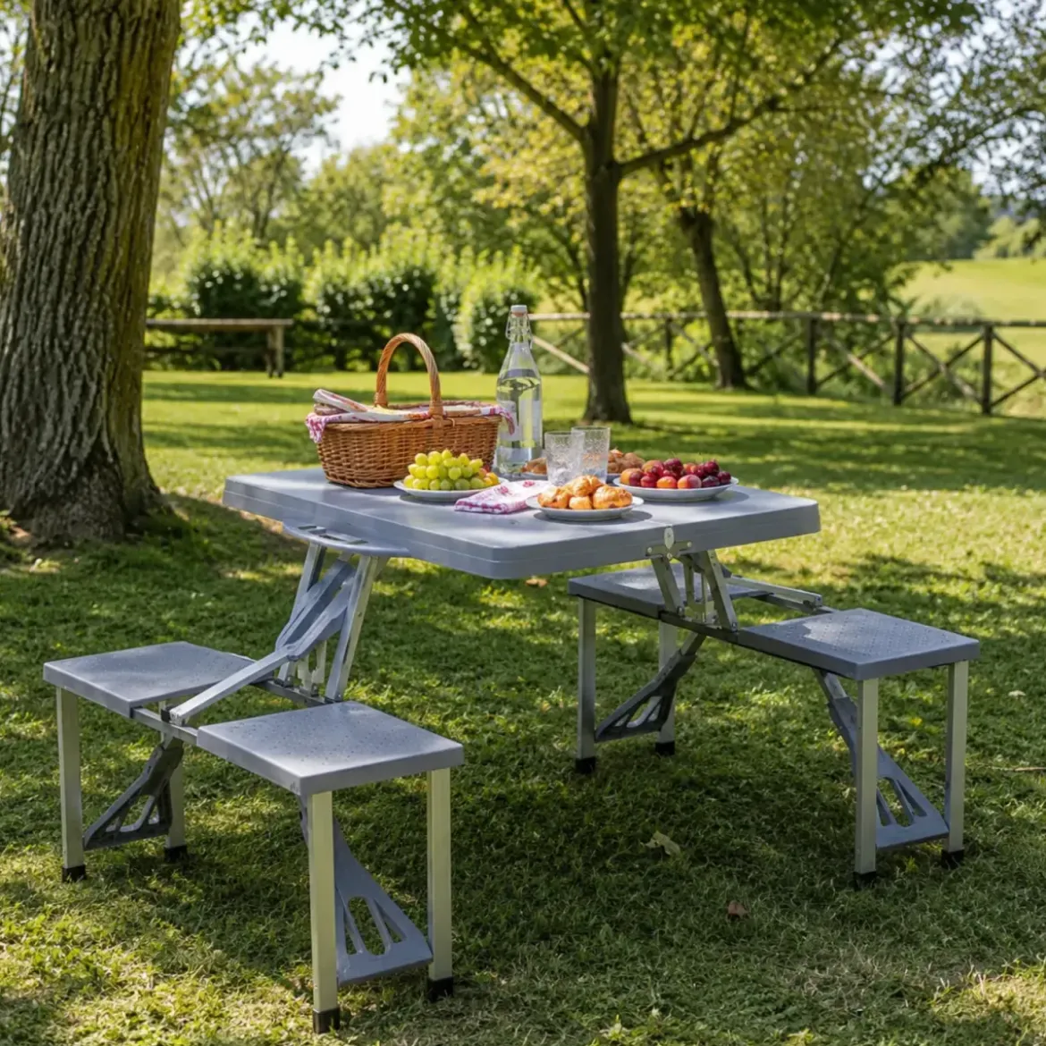 Set Tavolo Pieghevole con 4 Sgabelli in Alluminio Grigio Pic Nic