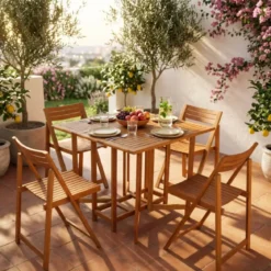Set Tavolo 4 Sedie Pranzo Pieghevole Legno da Giardino Pic Nic Terrazzo