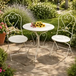 Set Tavolo Tondo 62x73 cm 2 Sedie in Metallo Bianco Antico da Esterno