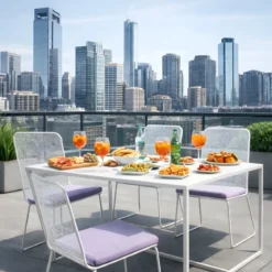 Set Tavolo 140x80 4 Sedie da Giardino Metallo Bianco con Cuscini Lilla