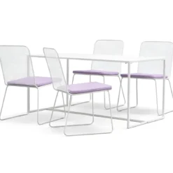 Set Tavolo 140x80 4 Sedie da Giardino Metallo Bianco con Cuscini Lilla