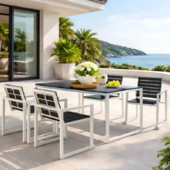 Set Tavolo 150x90 4 Sedie da Giardino Alluminio Legno Sintetico Nero