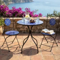Set Tavolo 60x60 2 Sedie Pieghevoli da Esterno Ceramica Fantasia Blu