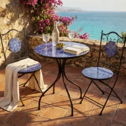 Set Tavolo 60x60 2 Sedie Pieghevoli da Esterno Ceramica Fantasia Blu