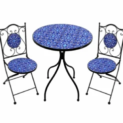 Set Tavolo 60x60 2 Sedie Pieghevoli da Esterno Ceramica Fantasia Blu