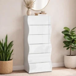 Settimino con 6 Cassetti Onda in Legno Bianco Lucido Camera Ingresso