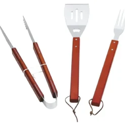 Set Utensili Barbecue 46 cm 3 Pezzi Manico in Legno Rosso per Griglia