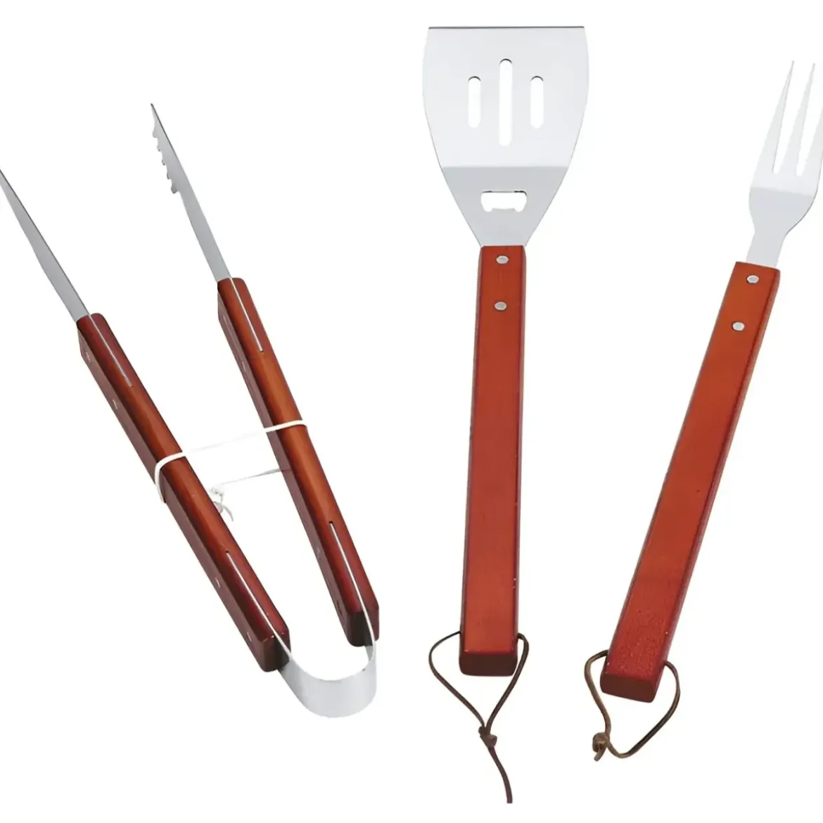 Set Utensili Barbecue 46 cm 3 Pezzi Manico in Legno Rosso per Griglia