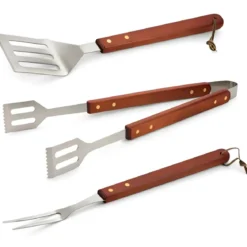 Set 3 Utensili Barbecue Pinza Paletta Forchetta Acciaio Inox Legno