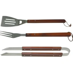 Set 3 Utensili Barbecue Pinza Paletta Forchetta Acciaio Inox Legno