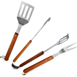 Set 3 Utensili Barbecue Pinza Paletta Forchetta Acciaio Inox Legno